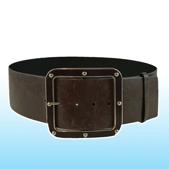 3" Wide Brown Leather Belt w/ Studded Buckle - Picture 1 of 5